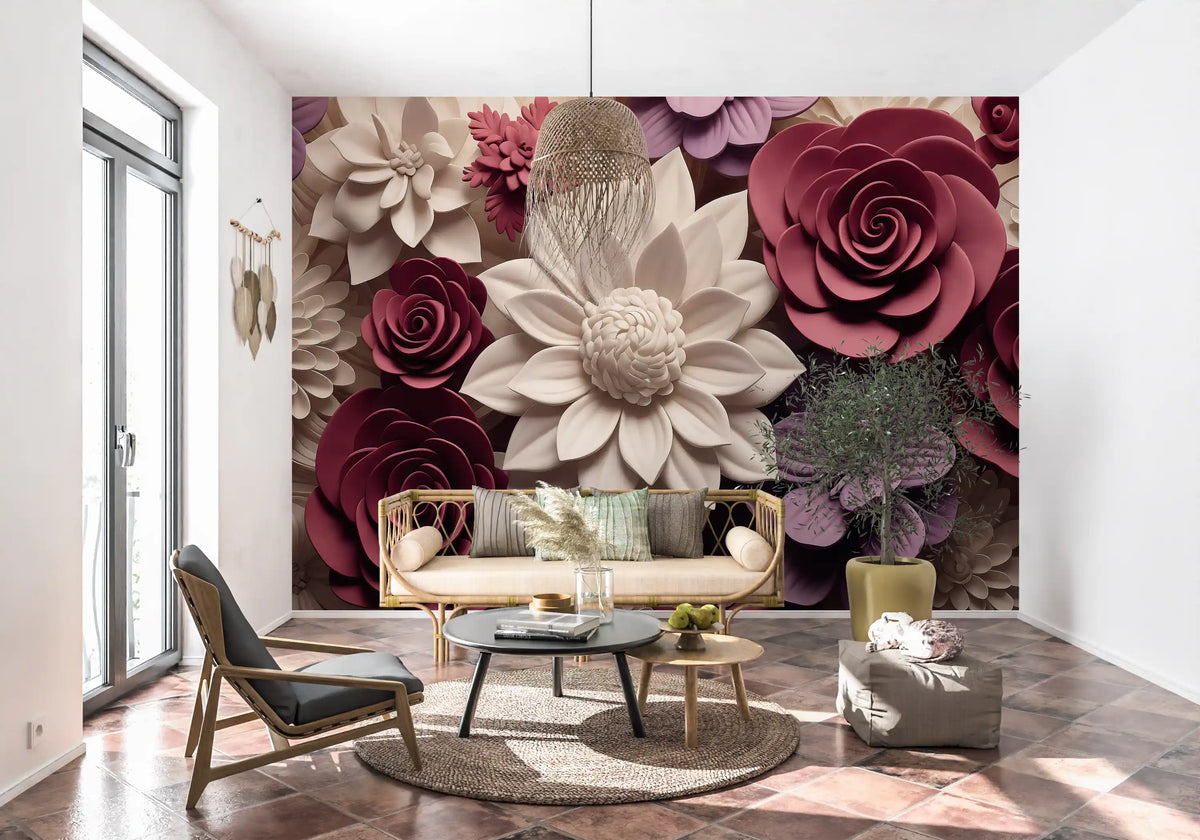 3D Velvet Bloom Dimensions in Burgundy and Lilac Wall Mural