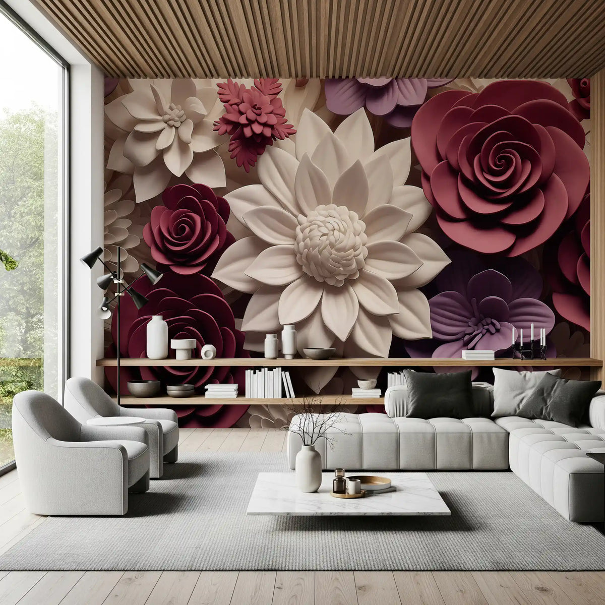3D Velvet Bloom Dimensions in Burgundy and Lilac Wall Mural