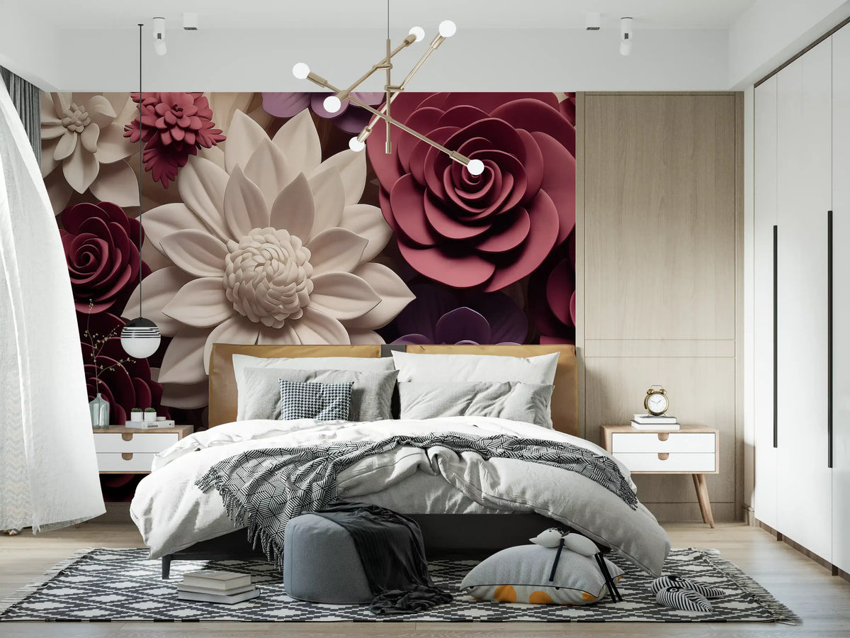 3D Velvet Bloom Dimensions in Burgundy and Lilac Wall Mural