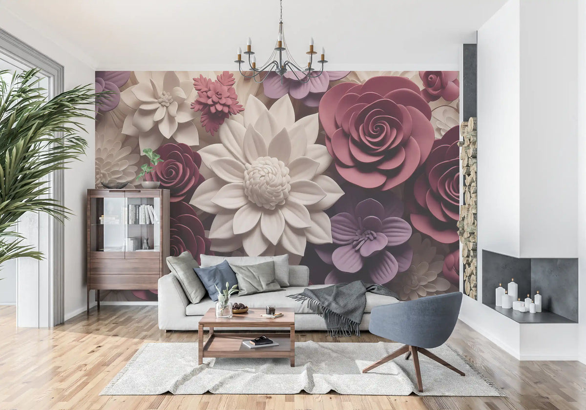 3D Velvet Bloom Dimensions in Burgundy and Lilac Wall Mural