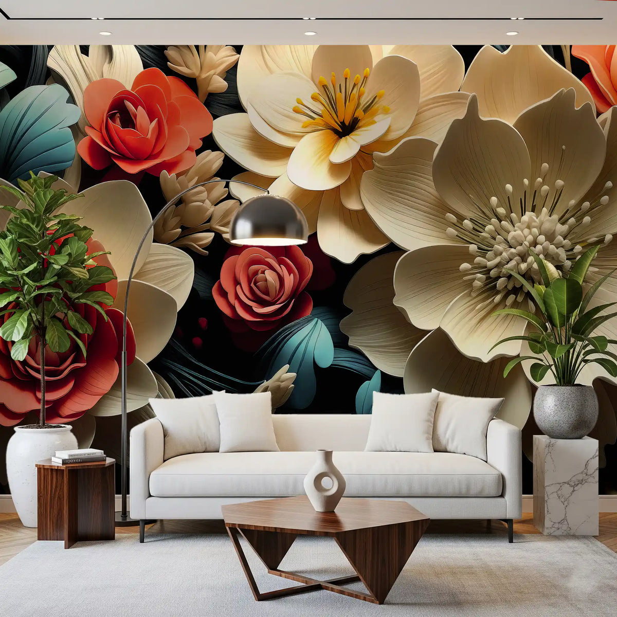 3D Flowers  Coral and Cream Wall Mural