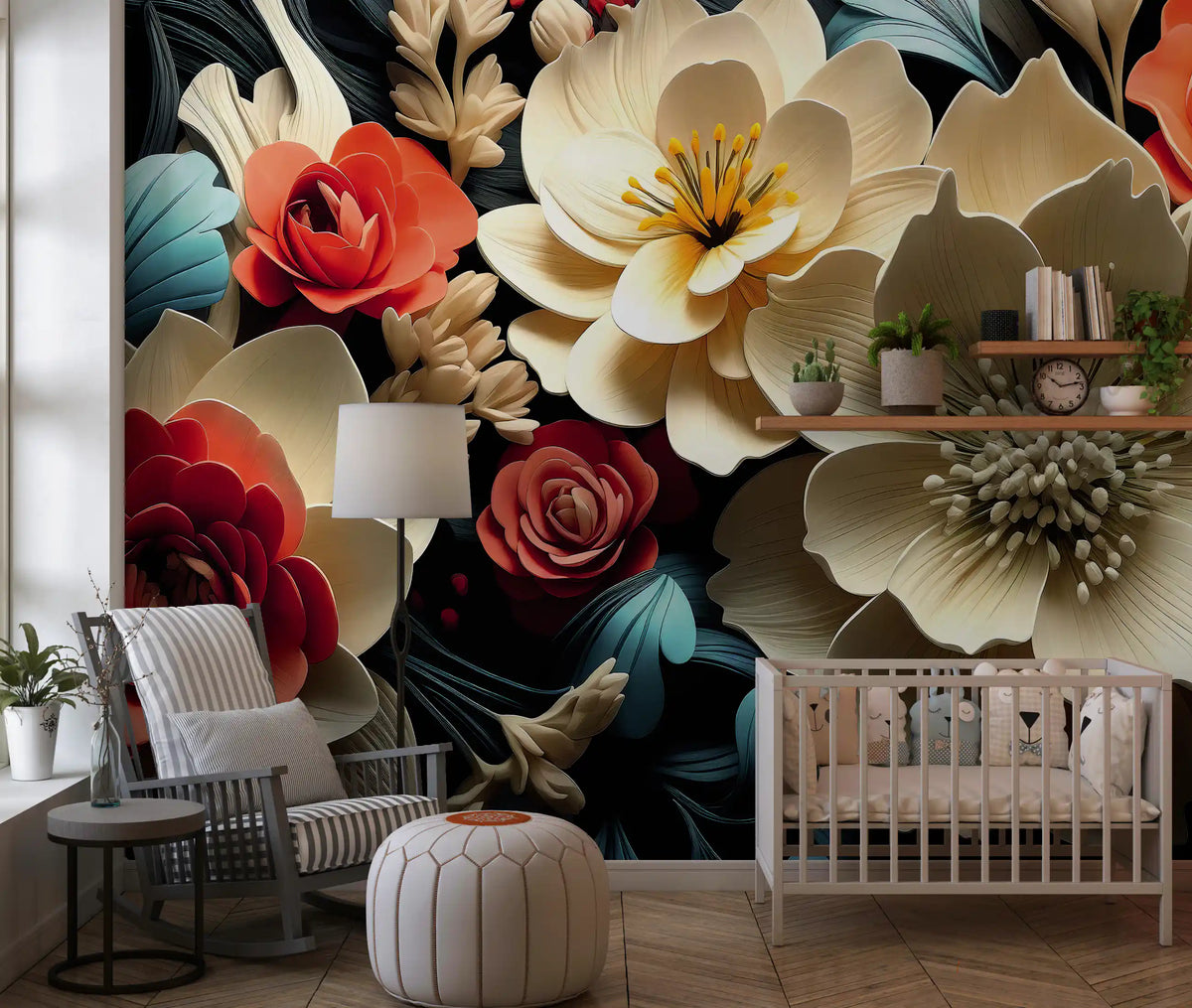 3D Flowers  Coral and Cream Wall Mural