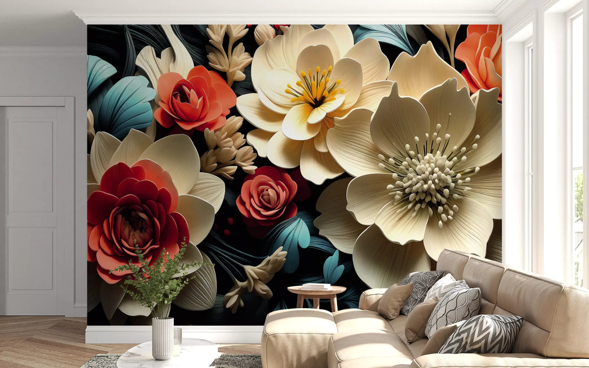 3D Flowers  Coral and Cream Wall Mural
