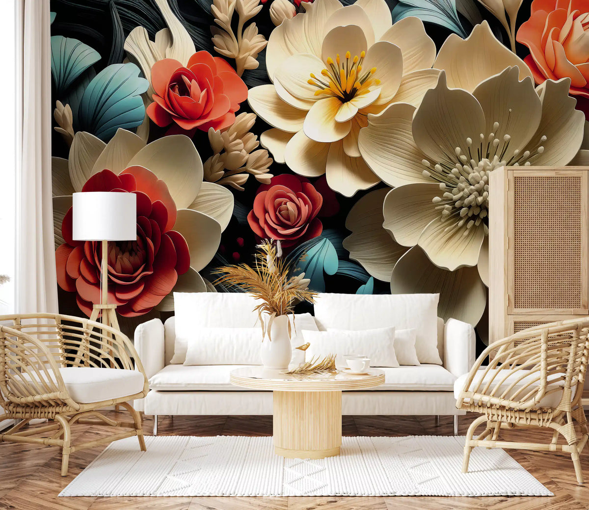 3D Flowers  Coral and Cream Wall Mural