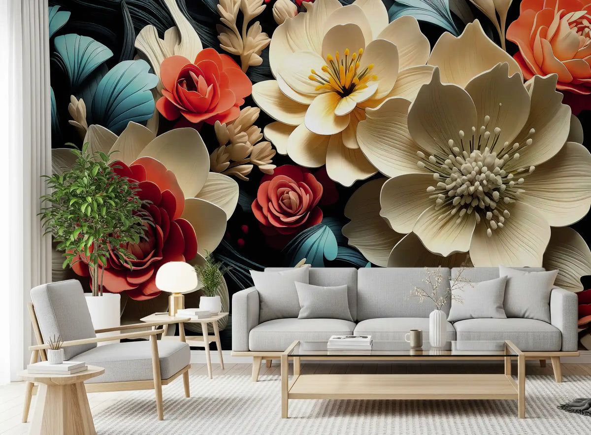 3D Flowers  Coral and Cream Wall Mural