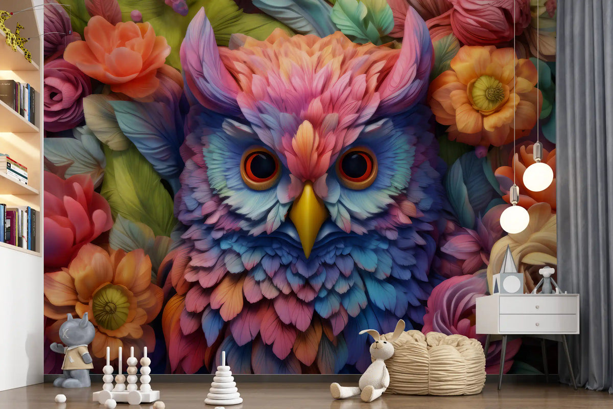 Vibrant Floral Owl Portrait Wall Mural