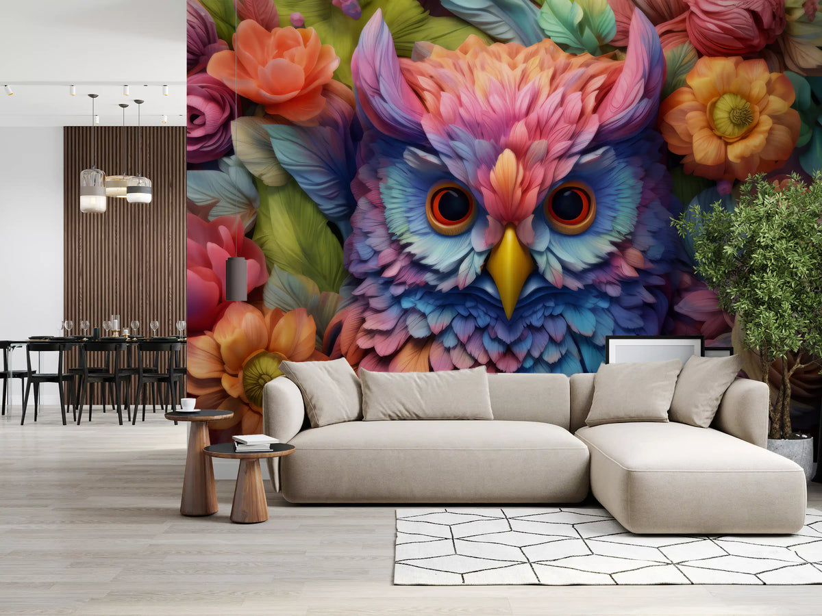 Vibrant Floral Owl Portrait Wall Mural
