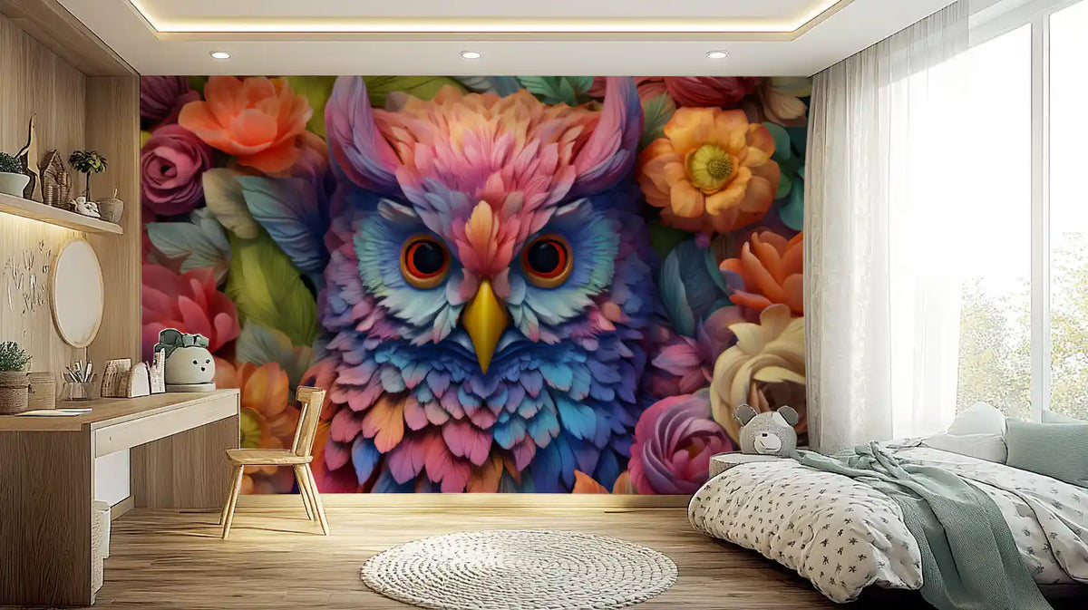 Vibrant Floral Owl Portrait Wall Mural