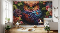 Vibrant Rainbow Owl Amongst Garden Blooms Wall Mural