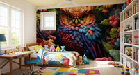 Vibrant Rainbow Owl Amongst Garden Blooms Wall Mural