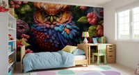 Vibrant Rainbow Owl Amongst Garden Blooms Wall Mural