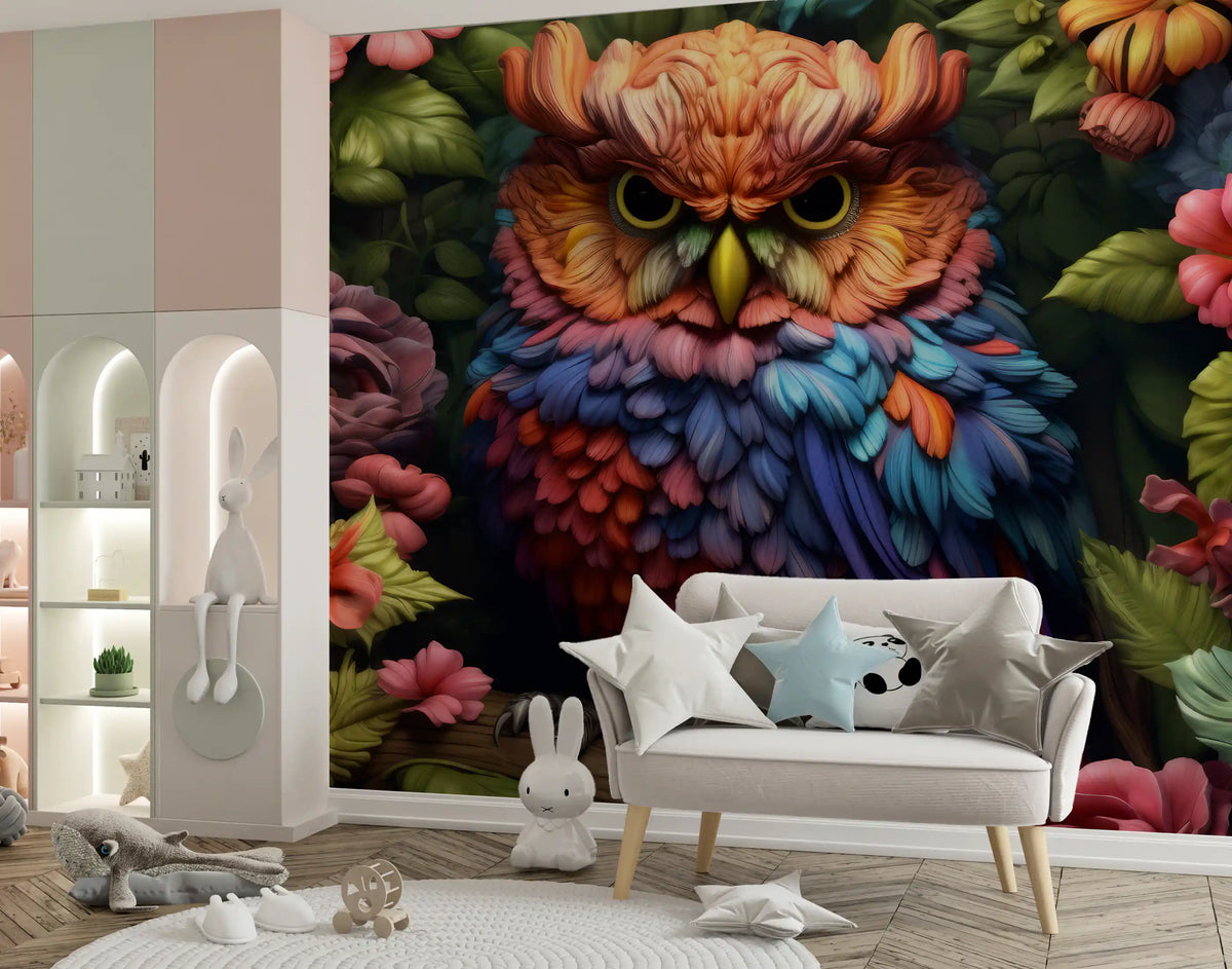 Vibrant Rainbow Owl Amongst Garden Blooms Wall Mural