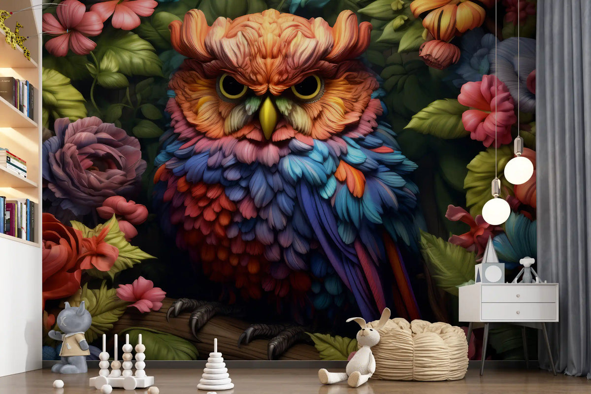 Vibrant Rainbow Owl Amongst Garden Blooms Wall Mural