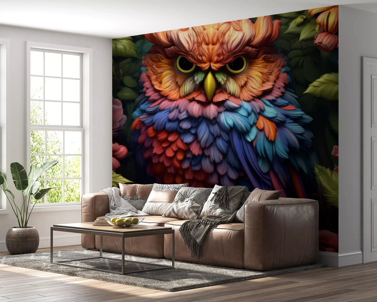 Vibrant Rainbow Owl Amongst Garden Blooms Wall Mural