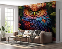 Vibrant Rainbow Owl Amongst Garden Blooms Wall Mural