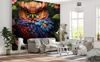 Vibrant Rainbow Owl Amongst Garden Blooms Wall Mural