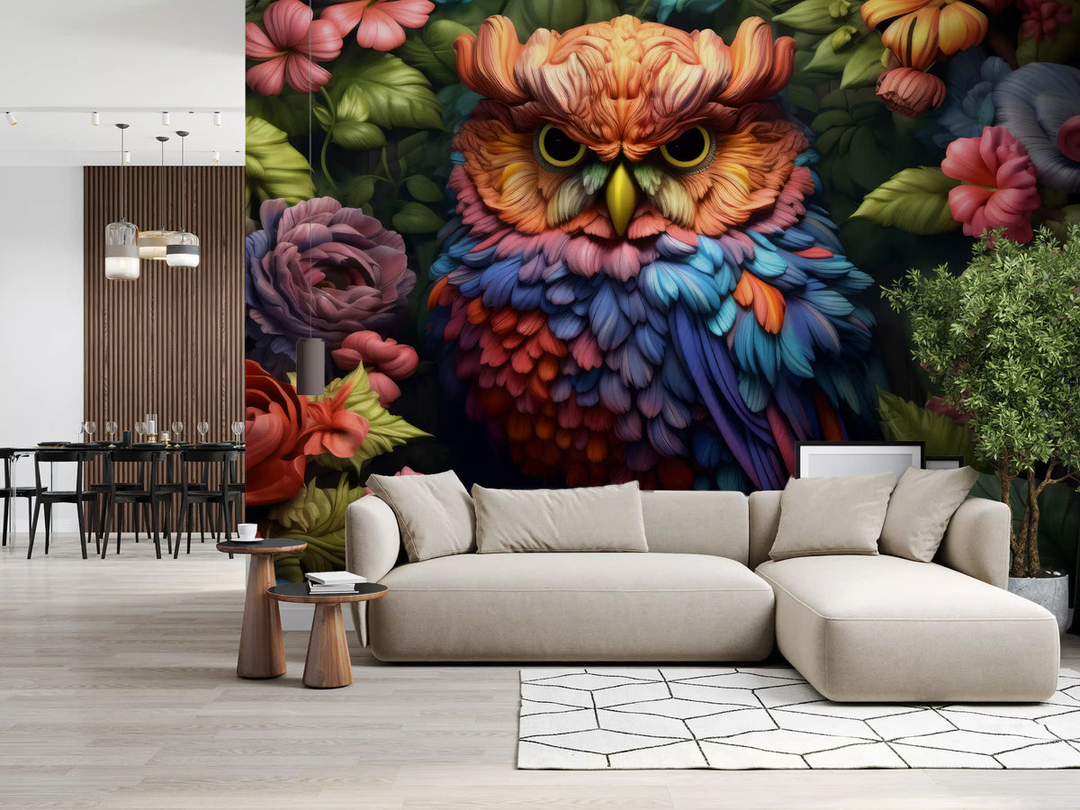 Vibrant Rainbow Owl Amongst Garden Blooms Wall Mural
