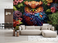 Vibrant Rainbow Owl Amongst Garden Blooms Wall Mural