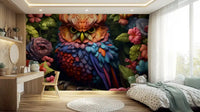 Vibrant Rainbow Owl Amongst Garden Blooms Wall Mural