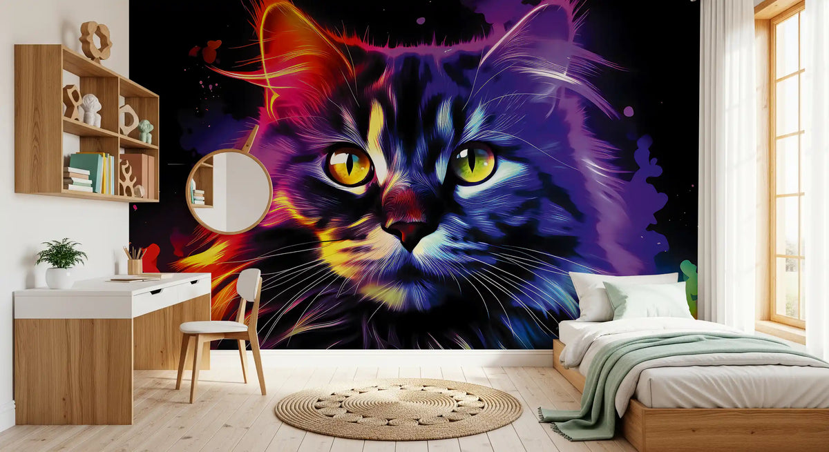Neon Cat Portrait Wall Mural