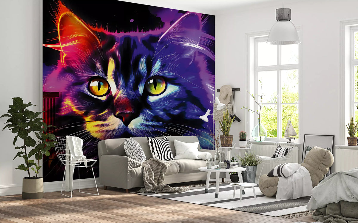 Neon Cat Portrait Wall Mural