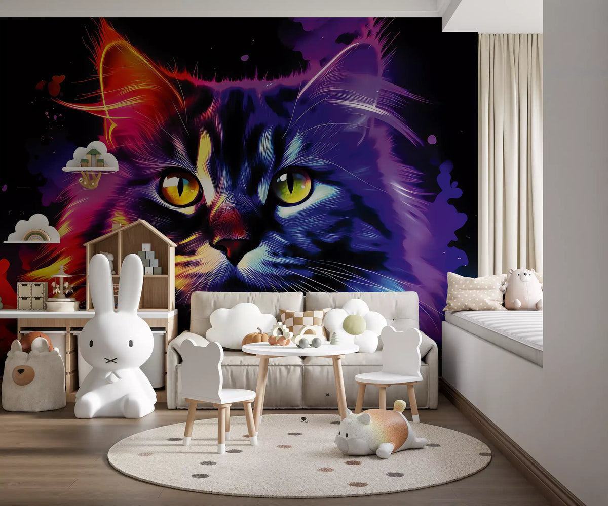 Neon Cat Portrait Wall Mural