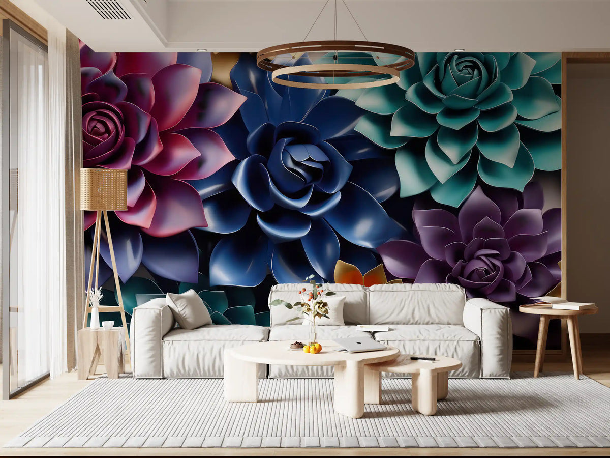 Sculptural Floral Layers in Jewel Tones Wall Mural
