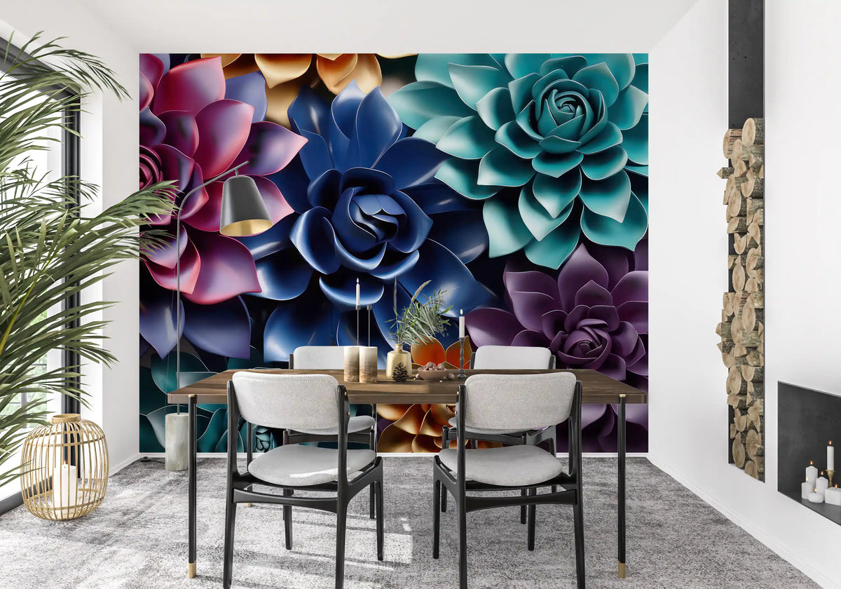 Sculptural Floral Layers in Jewel Tones Wall Mural