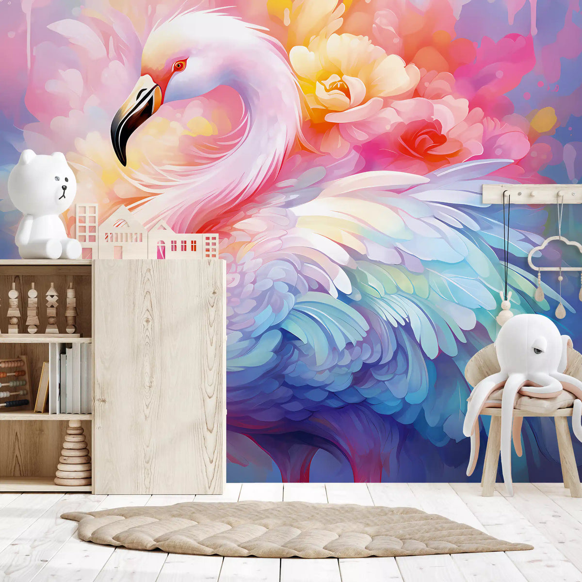 Ethereal Flamingo Amidst Pastel Florals Wall Mural