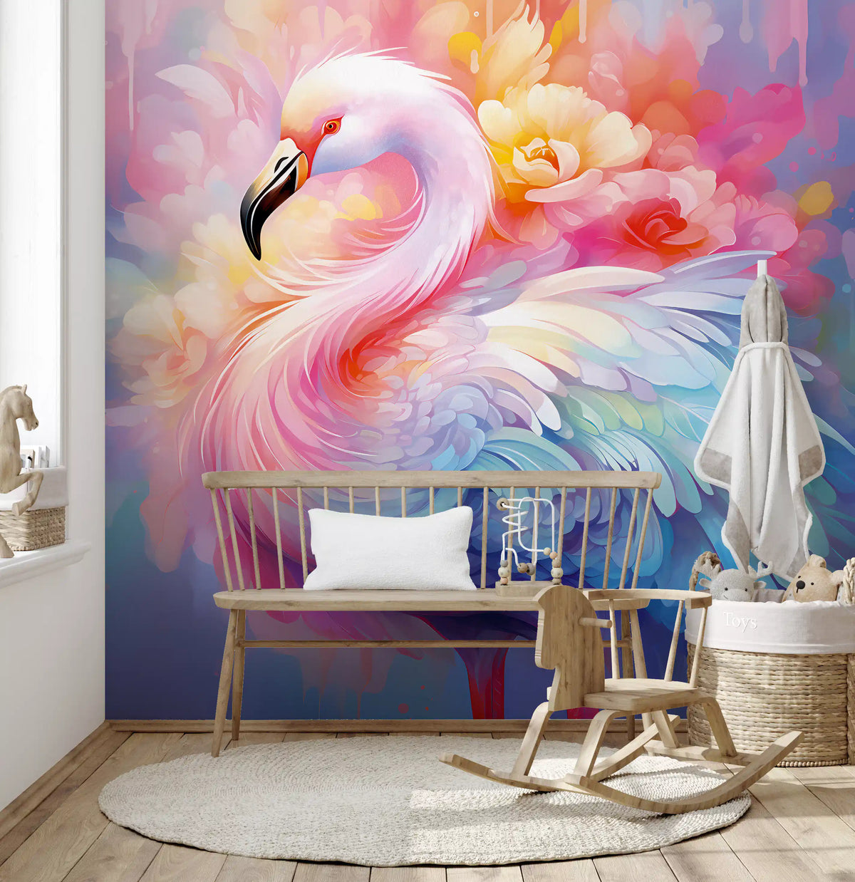 Ethereal Flamingo Amidst Pastel Florals Wall Mural