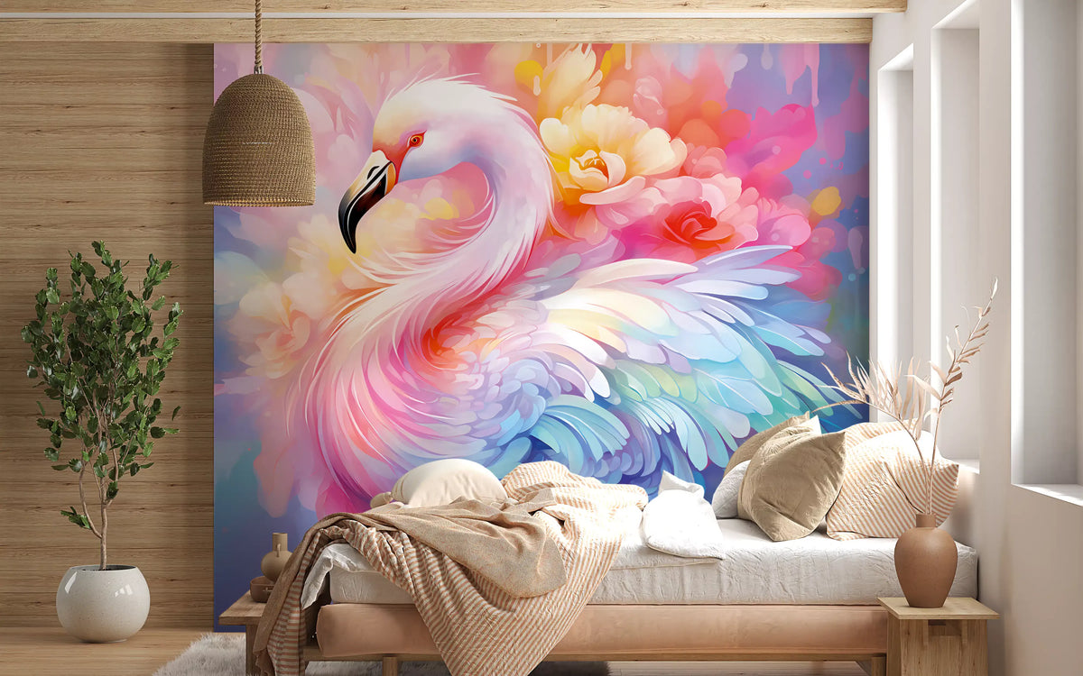 Ethereal Flamingo Amidst Pastel Florals Wall Mural