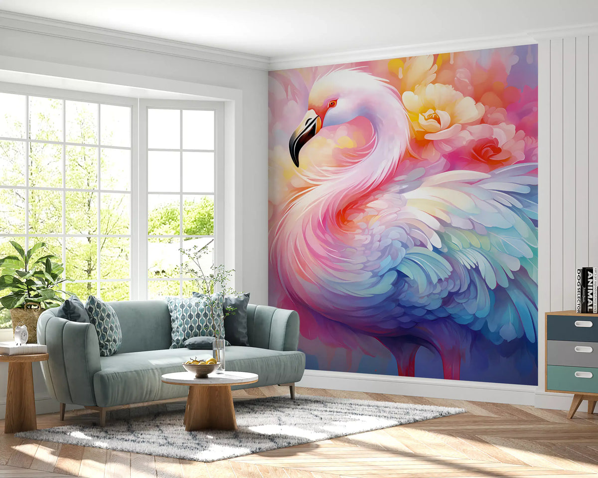 Ethereal Flamingo Amidst Pastel Florals Wall Mural