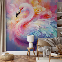 Ethereal Flamingo Amidst Pastel Florals Wall Mural