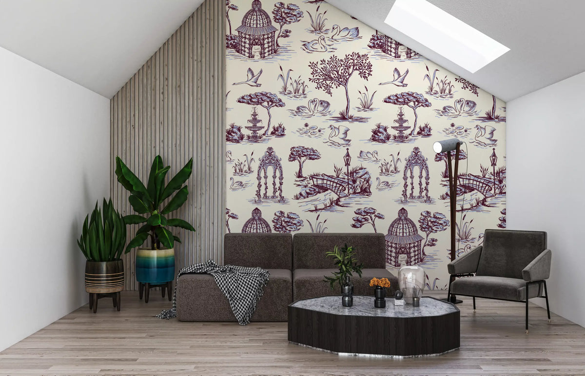 Modern Toile de Jouy Swan Victorian Garden Scenery - Unexpected Contrast Wallpaper⁠