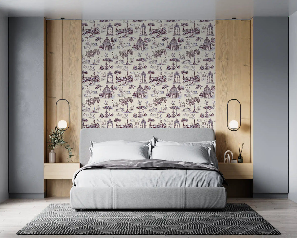 Modern Toile de Jouy Swan Victorian Garden Scenery - Unexpected Contrast Wallpaper⁠
