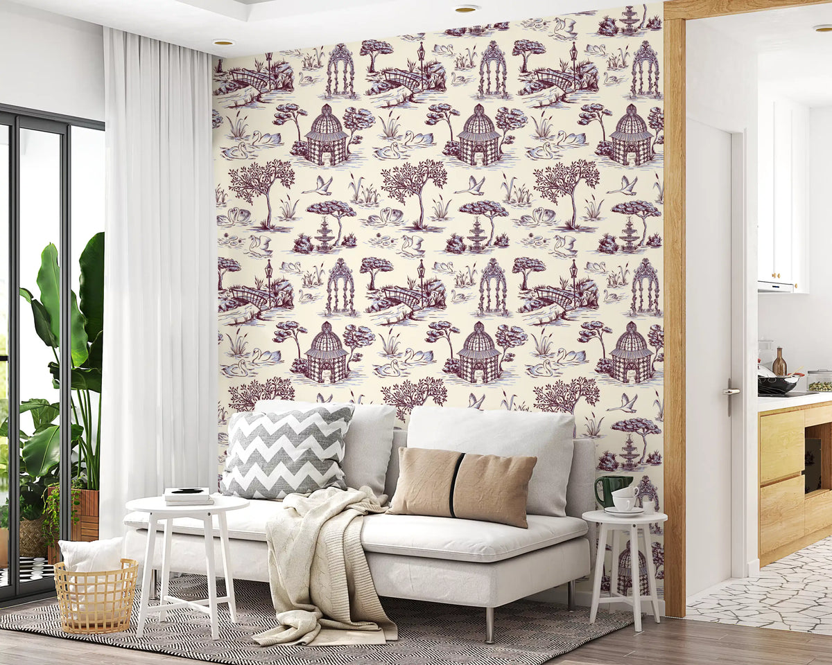 Modern Toile de Jouy Swan Victorian Garden Scenery - Unexpected Contrast Wallpaper⁠