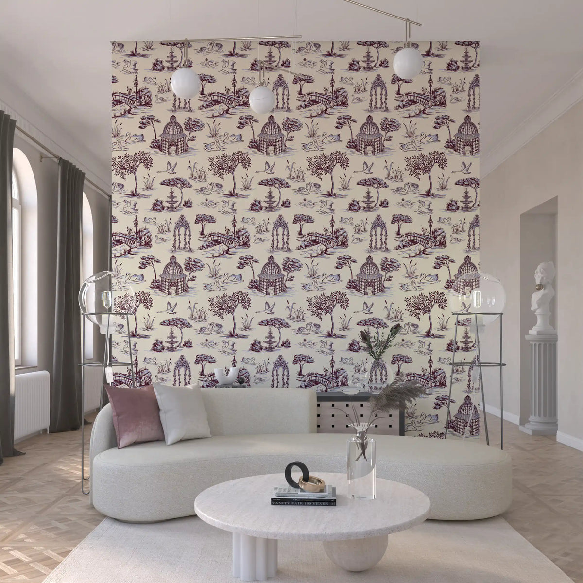 Modern Toile de Jouy Swan Victorian Garden Scenery - Unexpected Contrast Wallpaper⁠
