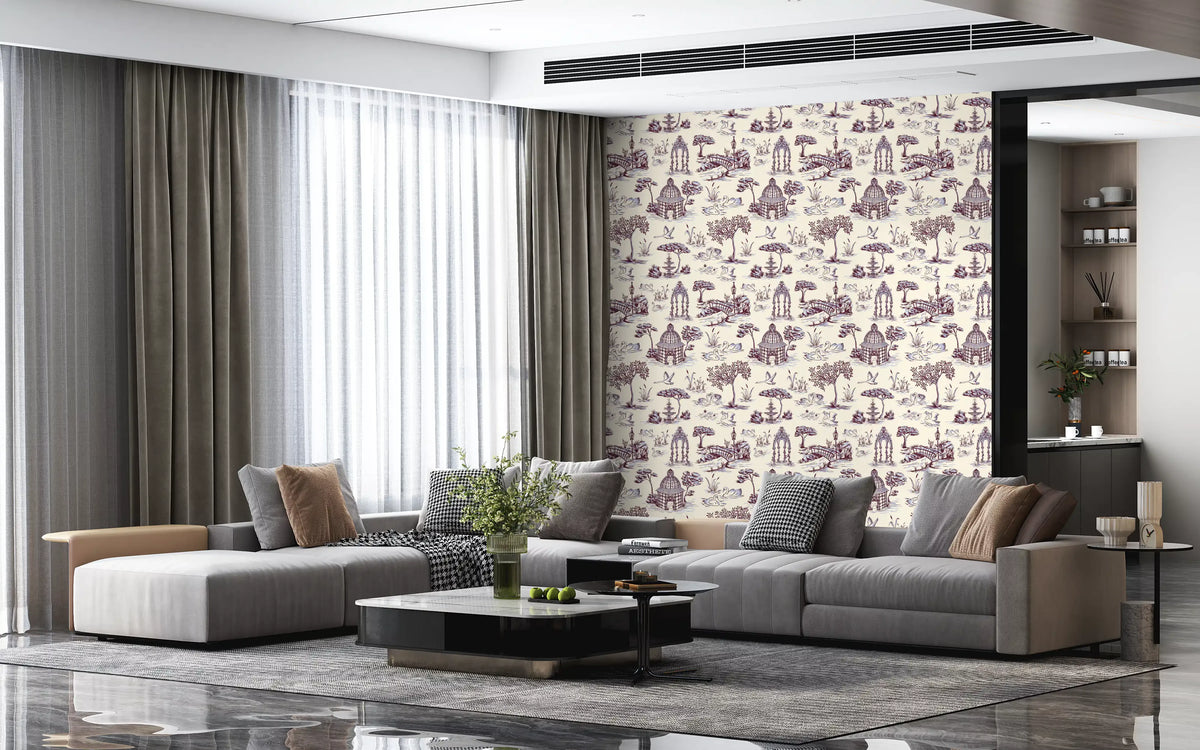 Modern Toile de Jouy Swan Victorian Garden Scenery - Unexpected Contrast Wallpaper⁠