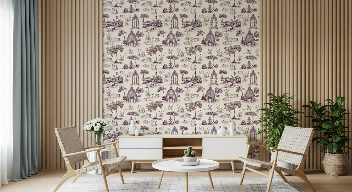 Modern Toile de Jouy Swan Victorian Garden Scenery - Unexpected Contrast Wallpaper⁠