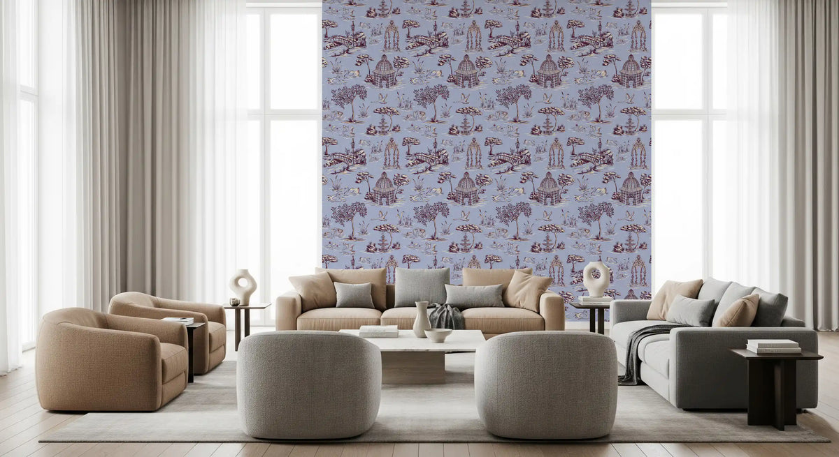 Modern Toile de Jouy Swan Victorian Garden Scenery - Warm & Cool Contrast Wallpaper⁠