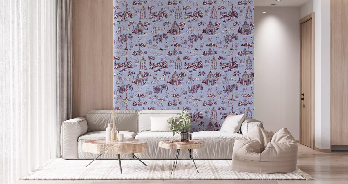 Modern Toile de Jouy Swan Victorian Garden Scenery - Warm & Cool Contrast Wallpaper⁠