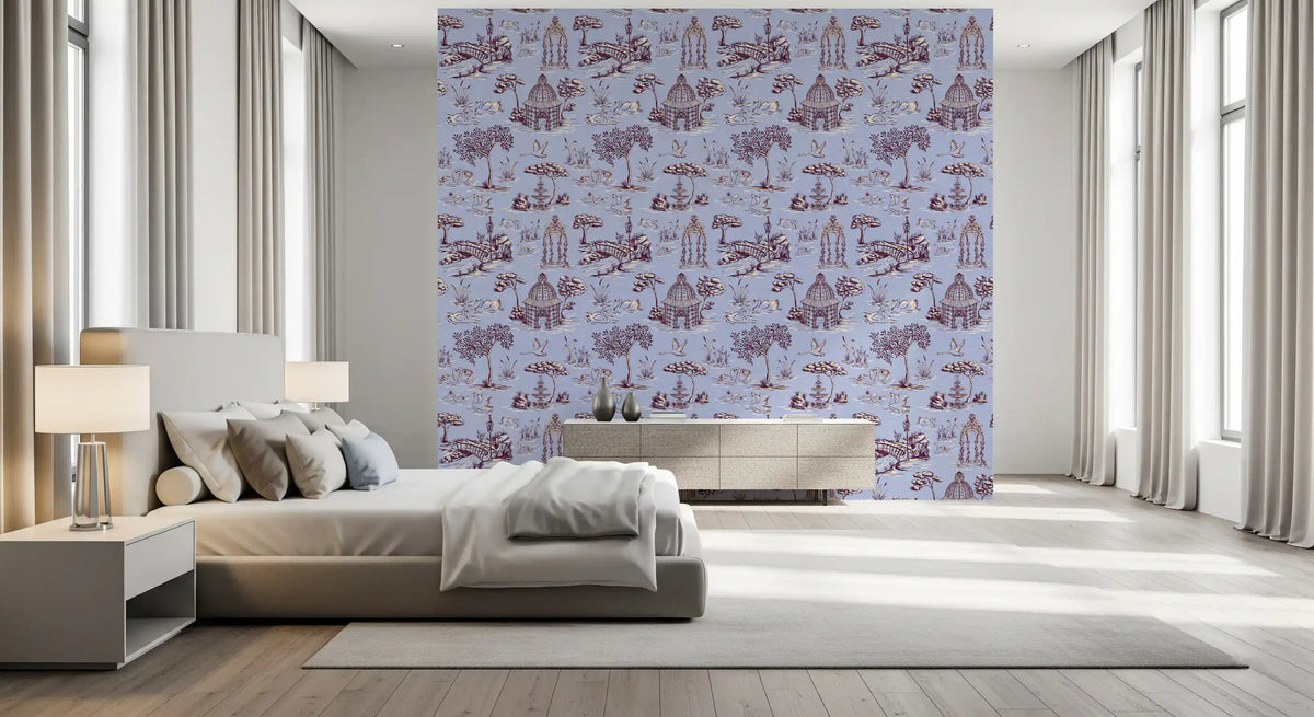 Modern Toile de Jouy Swan Victorian Garden Scenery - Warm & Cool Contrast Wallpaper⁠