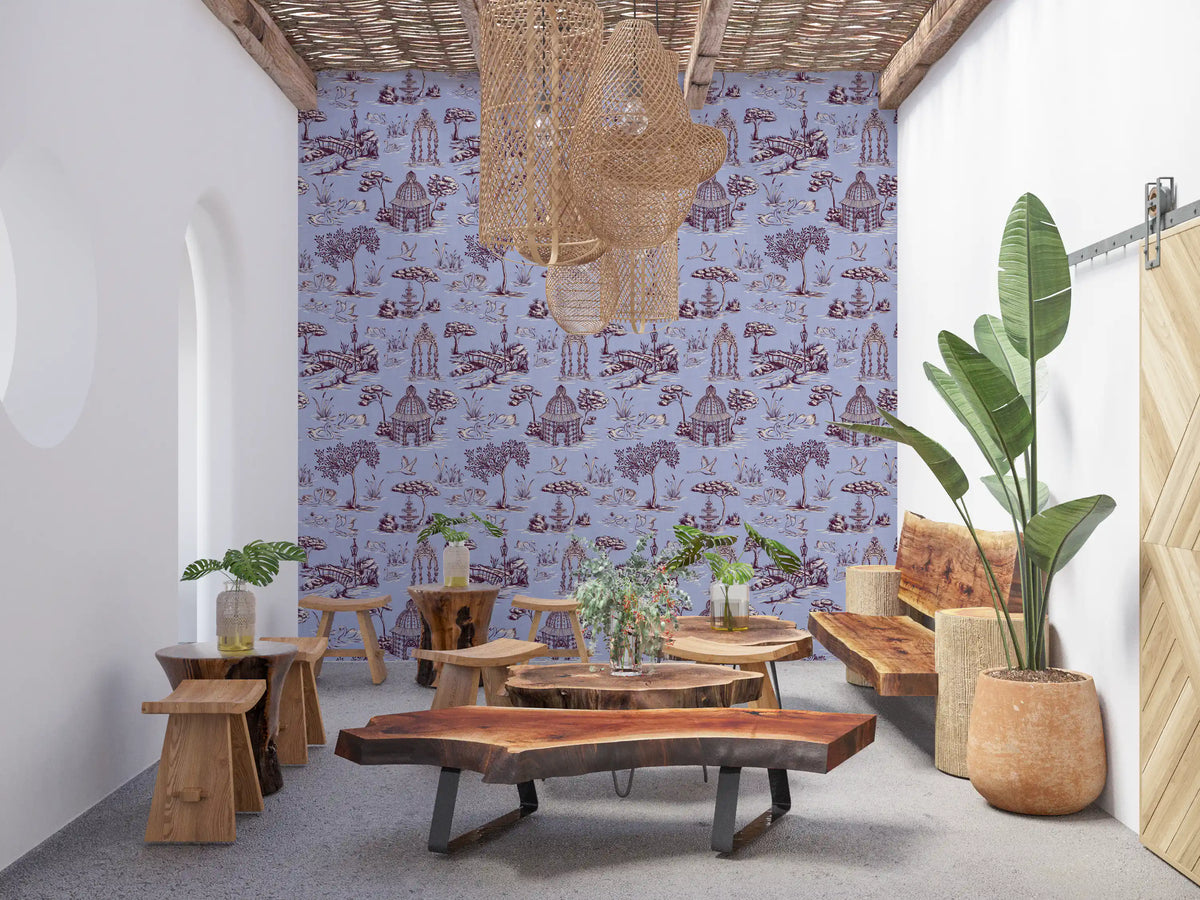 Modern Toile de Jouy Swan Victorian Garden Scenery - Warm & Cool Contrast Wallpaper⁠