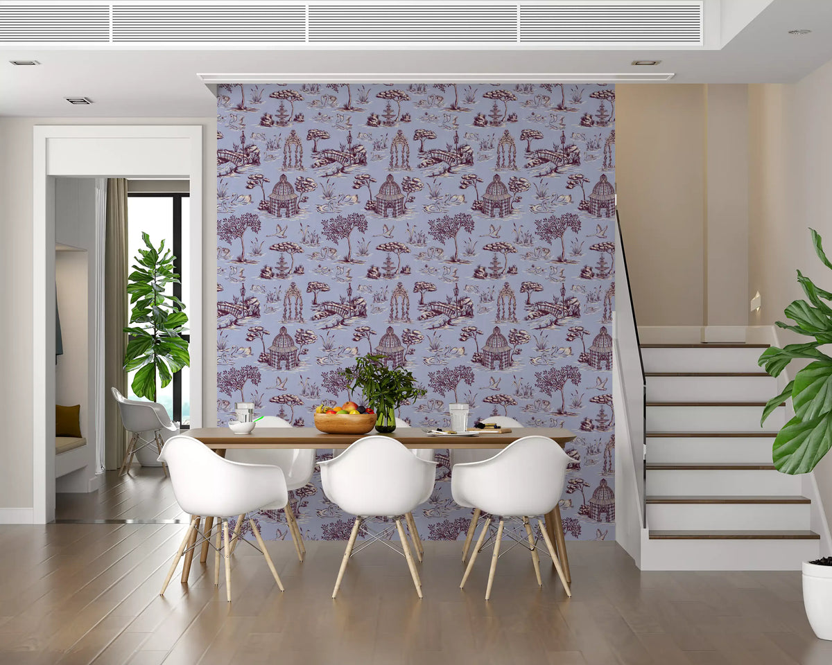 Modern Toile de Jouy Swan Victorian Garden Scenery - Warm & Cool Contrast Wallpaper⁠