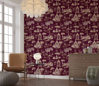 Modern Toile de Jouy Swan Victorian Garden Scenery - Royal Jewel Tone Wallpaper⁠