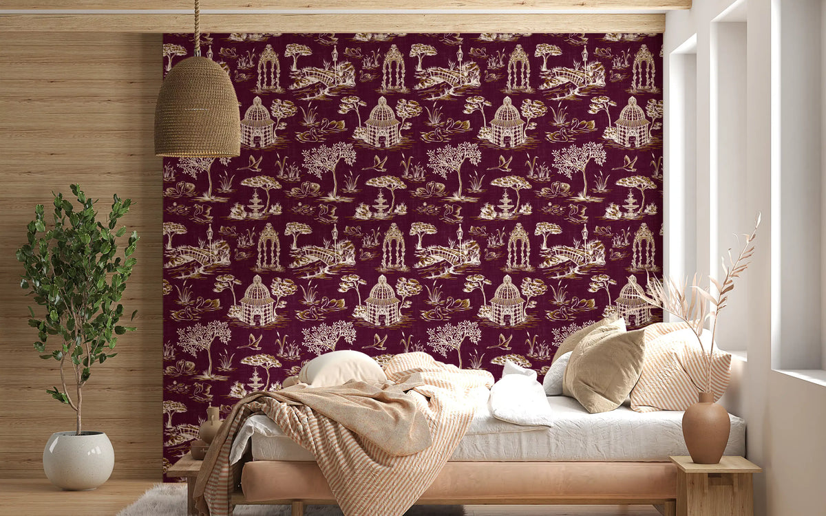 Modern Toile de Jouy Swan Victorian Garden Scenery - Royal Jewel Tone Wallpaper⁠