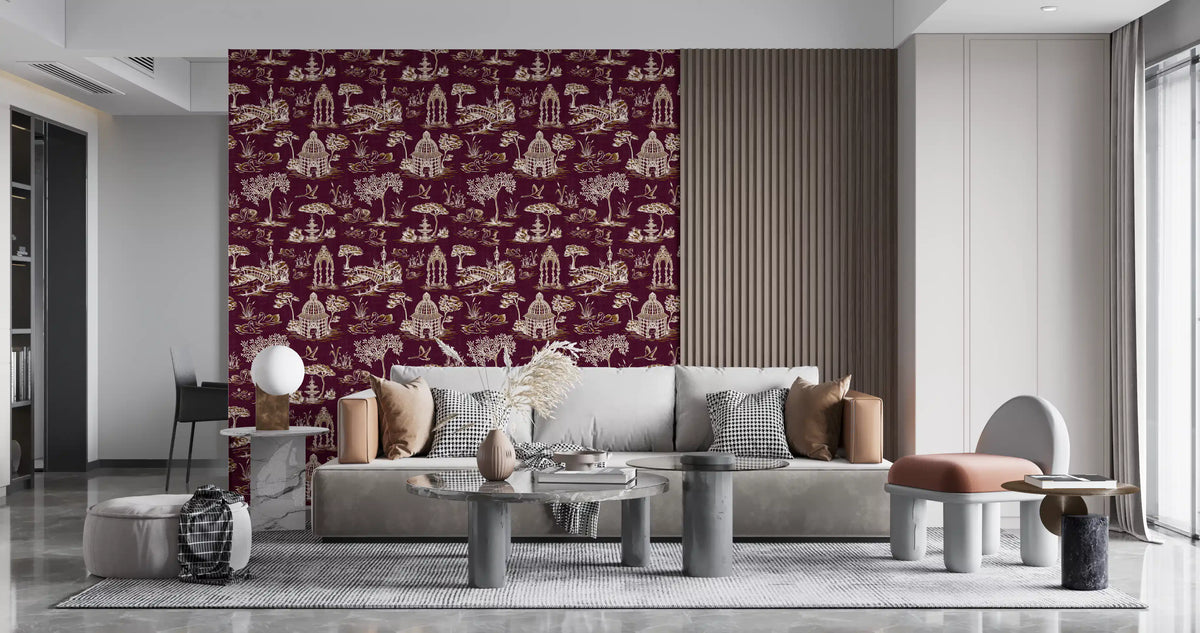 Modern Toile de Jouy Swan Victorian Garden Scenery - Royal Jewel Tone Wallpaper⁠