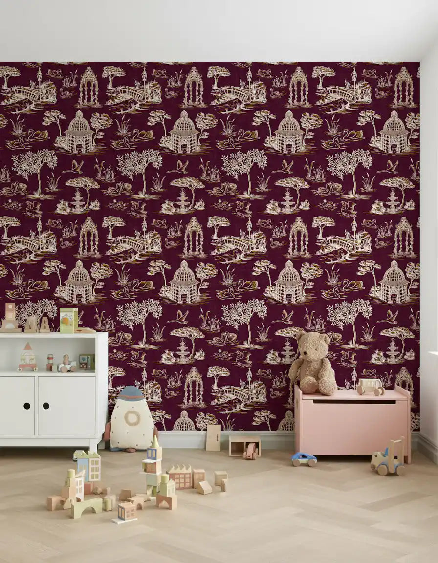 Modern Toile de Jouy Swan Victorian Garden Scenery - Royal Jewel Tone Wallpaper⁠