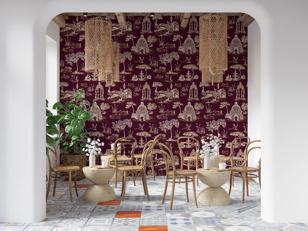 Modern Toile de Jouy Swan Victorian Garden Scenery - Royal Jewel Tone Wallpaper⁠