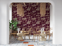 Modern Toile de Jouy Swan Victorian Garden Scenery - Royal Jewel Tone Wallpaper⁠